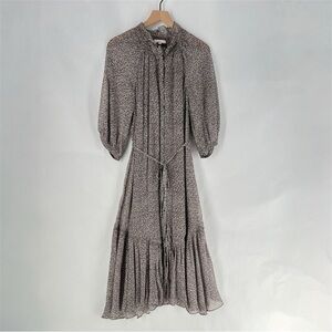 Joie Sheer Silk Floral Button Front Tie‎ Waist Dolman Puff Sleeve Midi Dress S